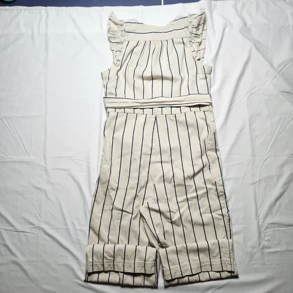 Anthropologie Womens 12 Heeda Ruffle Sleeve Striped Denim Jumpsuit Ivory Blue - Picture 3 of 9